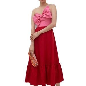 Hutch Colorblock Midi Dress Pink Red Womens 6 Strapless Oversized Bow Pockets